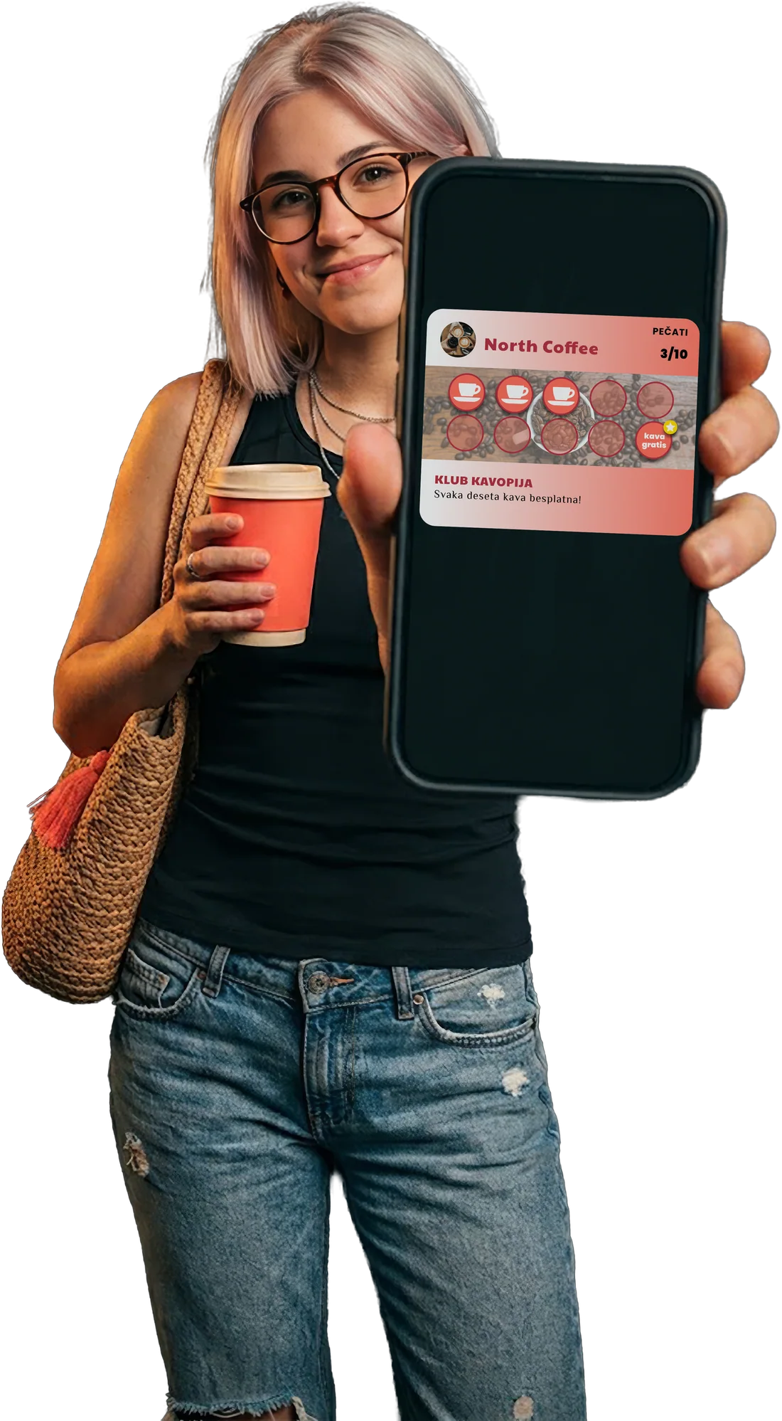 Gošća pokazuje North Coffee loyalty karticu s pečatima u walletu na svom mobitelu