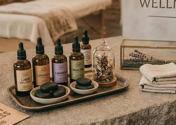 Ulja za masažu, vruće kamenje i ručnici u wellness salonu